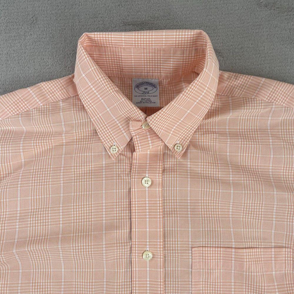 Brooks Brothers 346 Shirt Medium Orange Plaid Slim Fit Non Iron Button Front